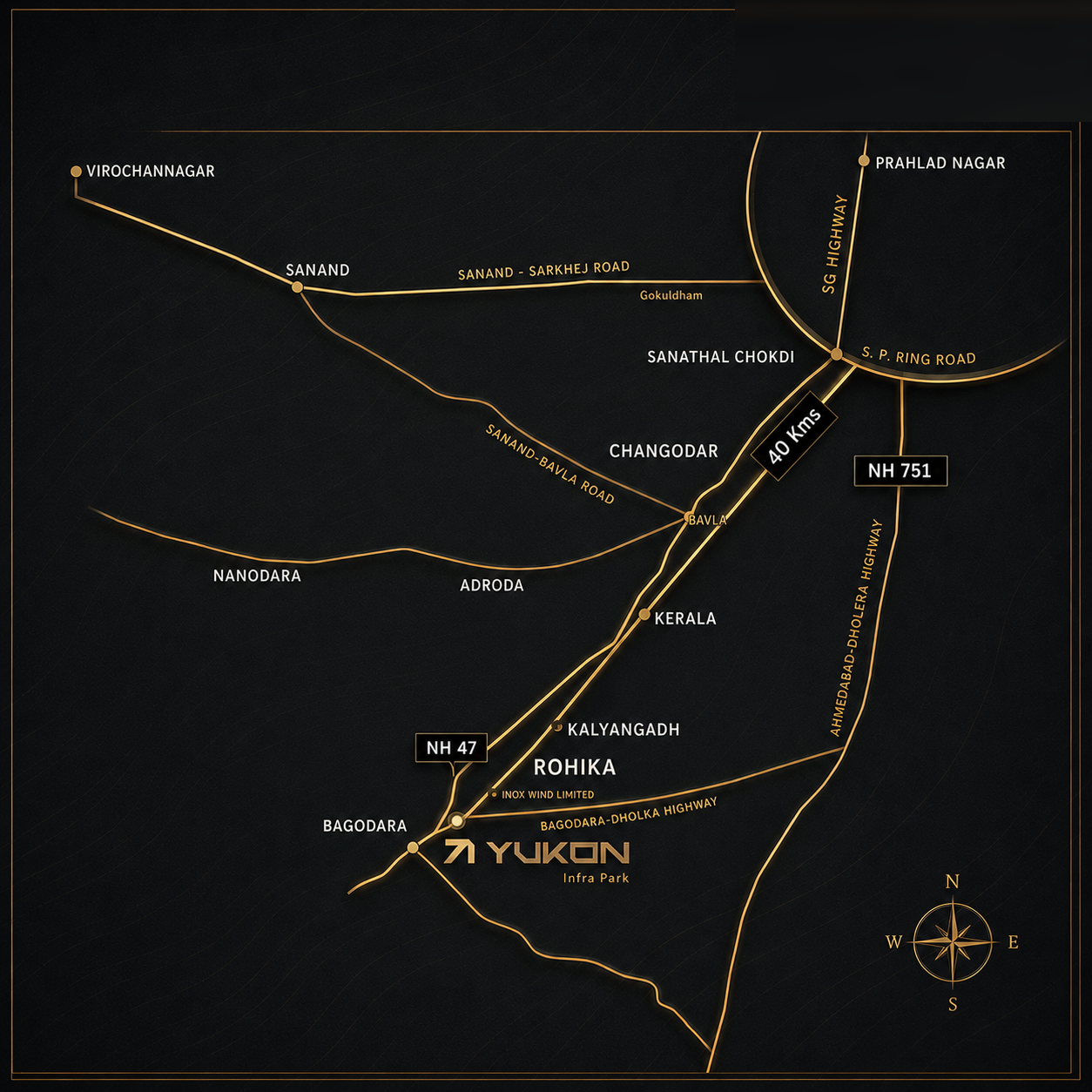 Yukon Infra Park location map — Rohika on NH-47, 40 km from Ahmedabad